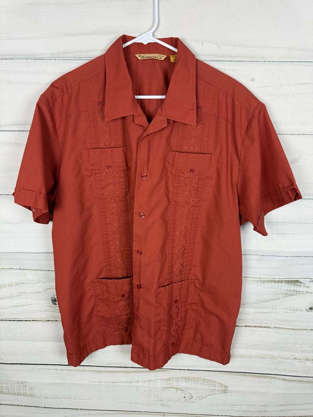 The Havanera Co. Men's XL Short Sleeve Embroidered Guayabera Shirt Rust
